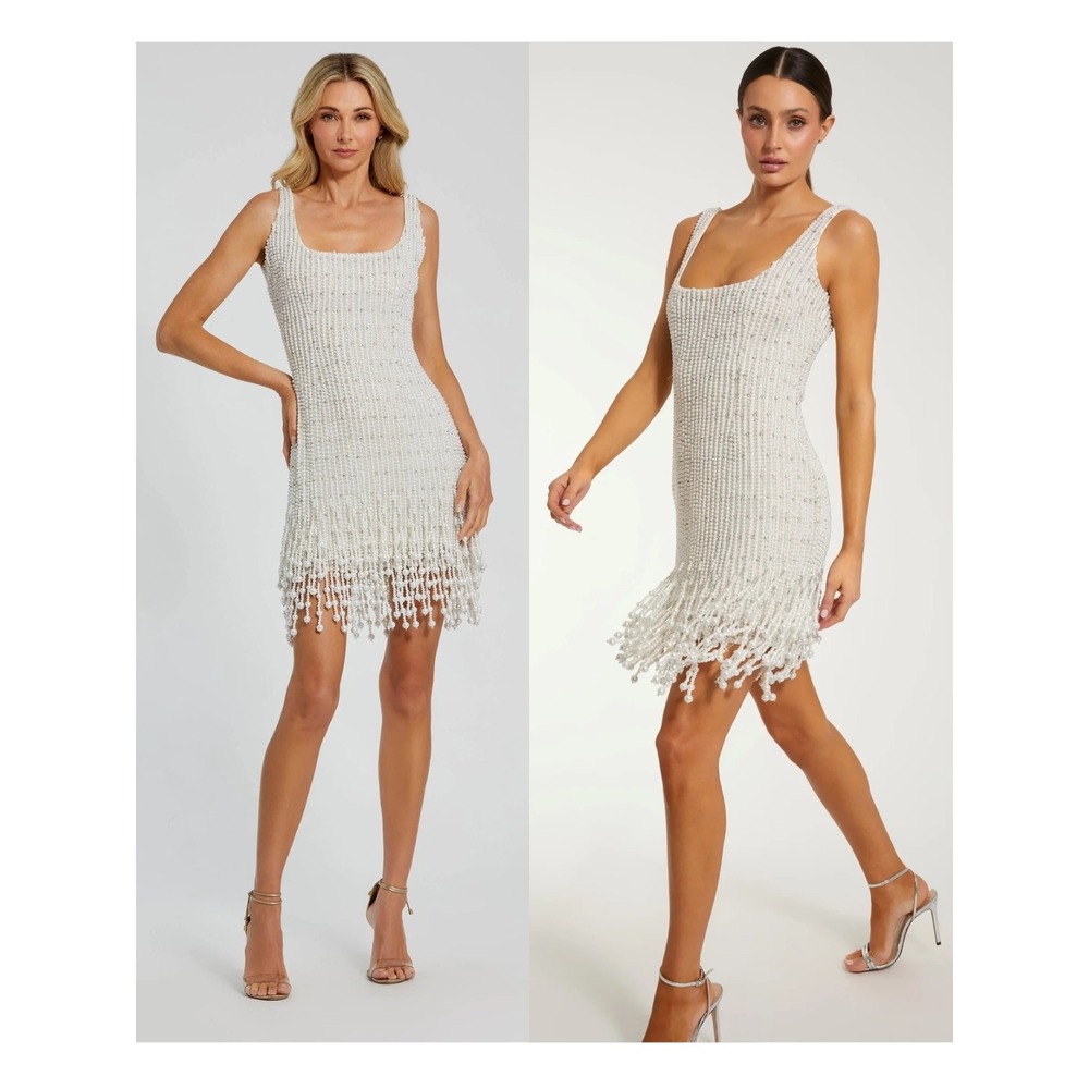 NWT Mac Duggal White Pearl Beaded Square Neck Sleeveless Mini Dress - Size‎ 0